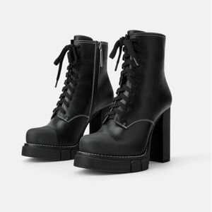 Zara Lug Sole High Heel Platform Combat Moto Boots, Size 38 (US 7.5)